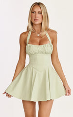 Vionette Mini Dress - Halter Neck Ruched Bust Corset Dress in Sage