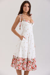 White Floral Print Stretch Cotton Midi Sundress