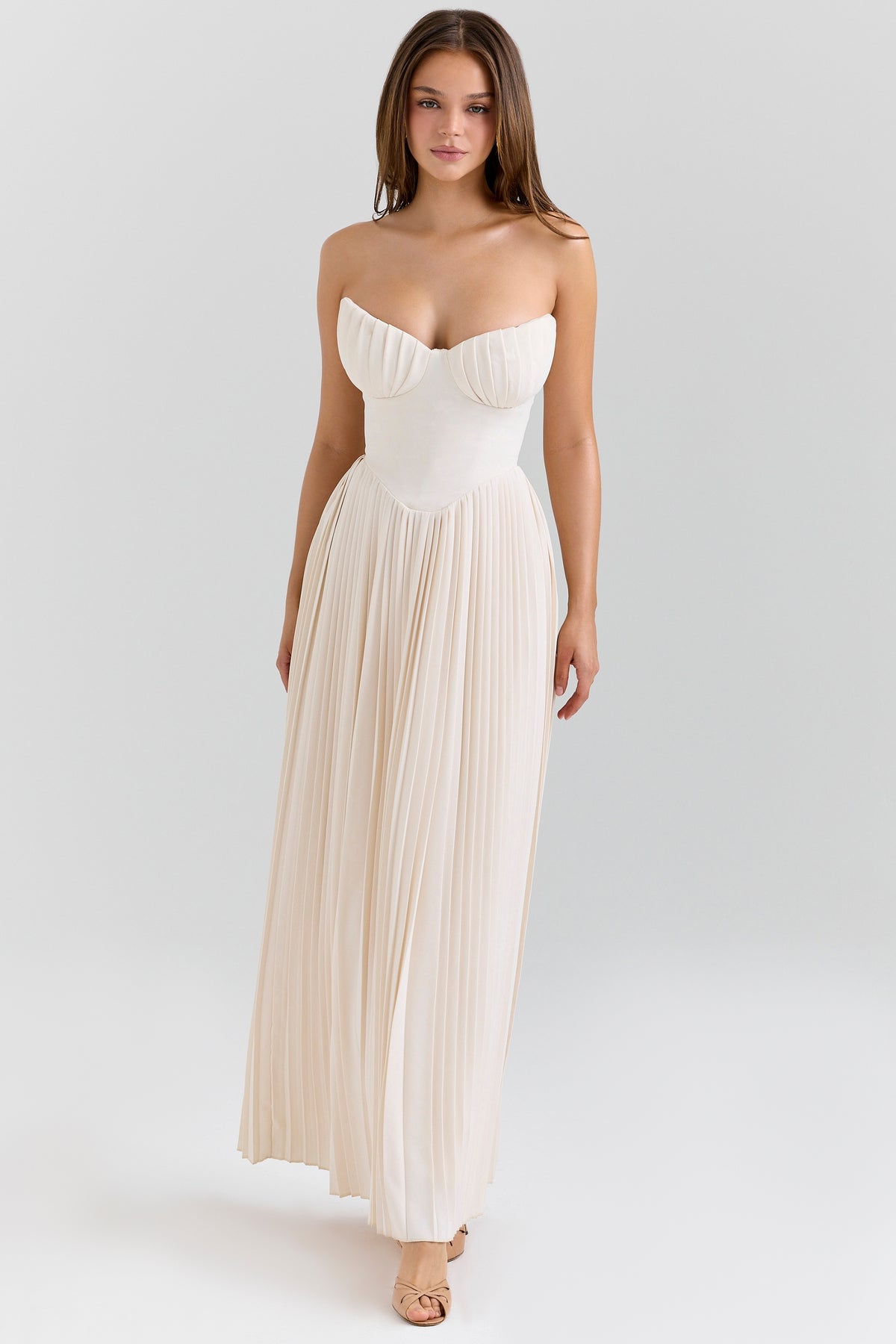 Ivory Georgette Pleated Maxi Dress