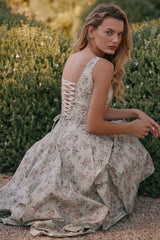Sage Floral Print Cotton Midi Dress