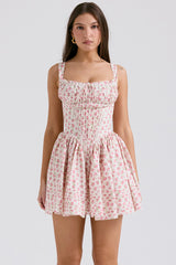 White Rosebud Print Cotton Mini Dress