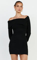 Tess Mini Dress - Asymmetric Off Shoulder Long Sleeve Knit Dress in Black