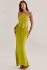 Chartreuse Satin Custom Embellished Fringed Maxi Dress - Limited Edition