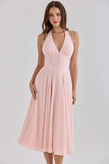 Pink Georgette + Lace Placement Halter Neck Midi Dress