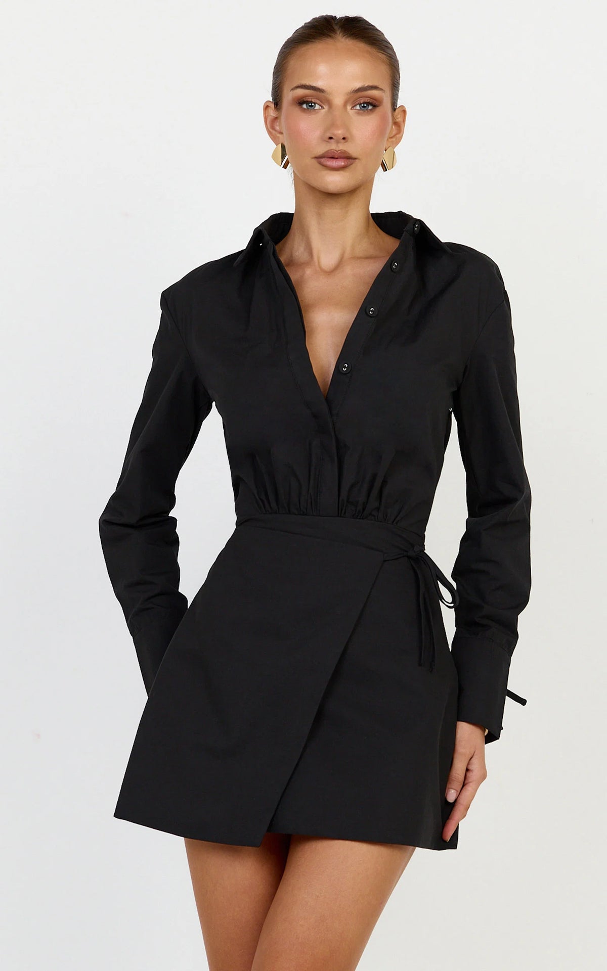 Heath Mini Dress - Collared Button Up Shirt Dress in Black
