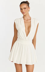 Luisa Mini Dress - Plunge Neckline Linen Blend Fit and Flare Dress in Off White