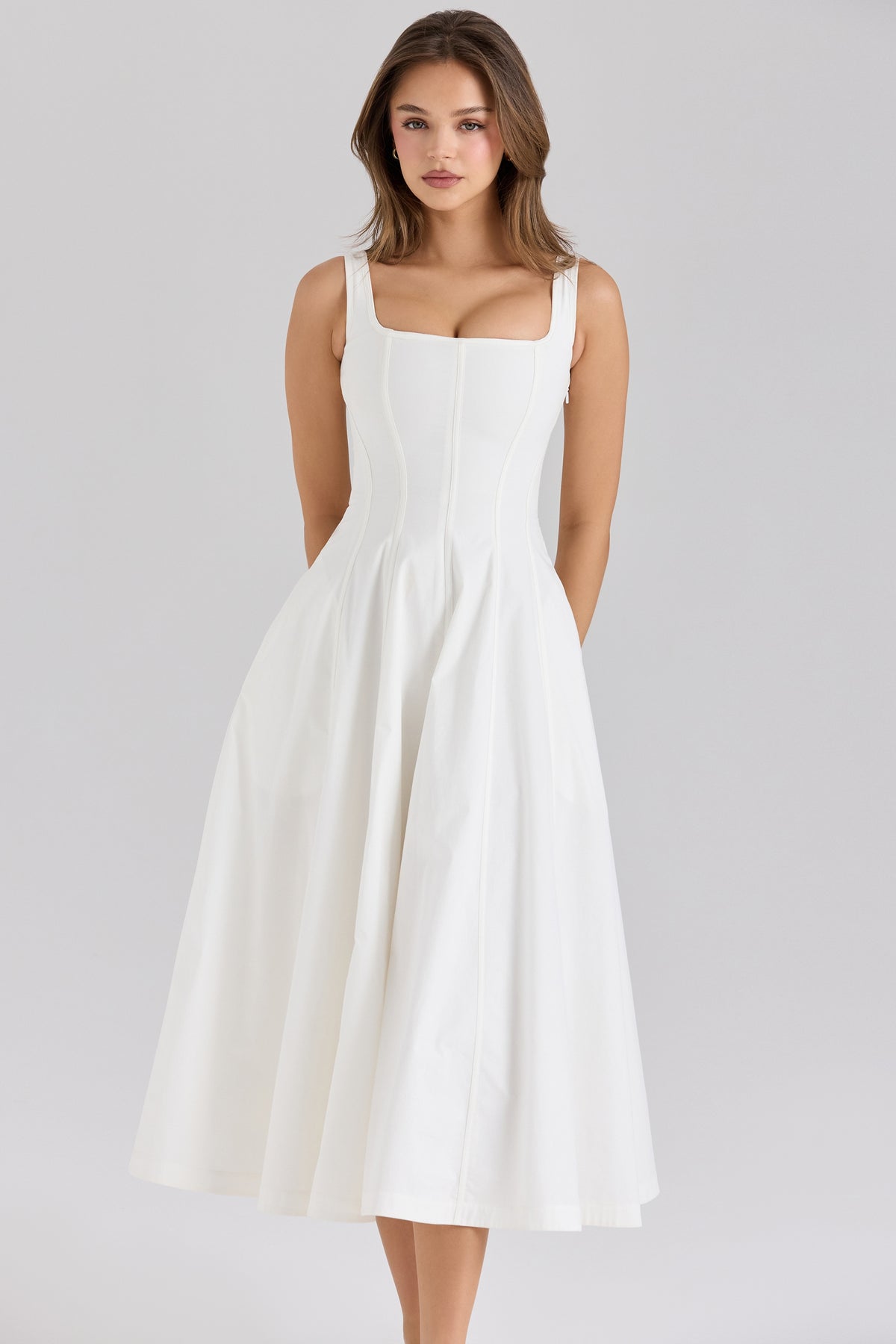 White Stretch Cotton Midi Sundress