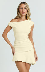 Goldie Mini Dress - Tipped Off Shoulder Cap Sleeve Ruched Fitted Ruffle Hem Skirt Dress in Lemon