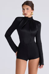 Black Satin High Neck Long Sleeve Bodysuit