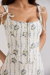 Cream Daisy Print Stretch Cotton Midi Dress