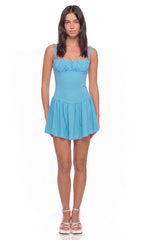 Ruched Fit and Flare Mini Dress in Aqua Blue