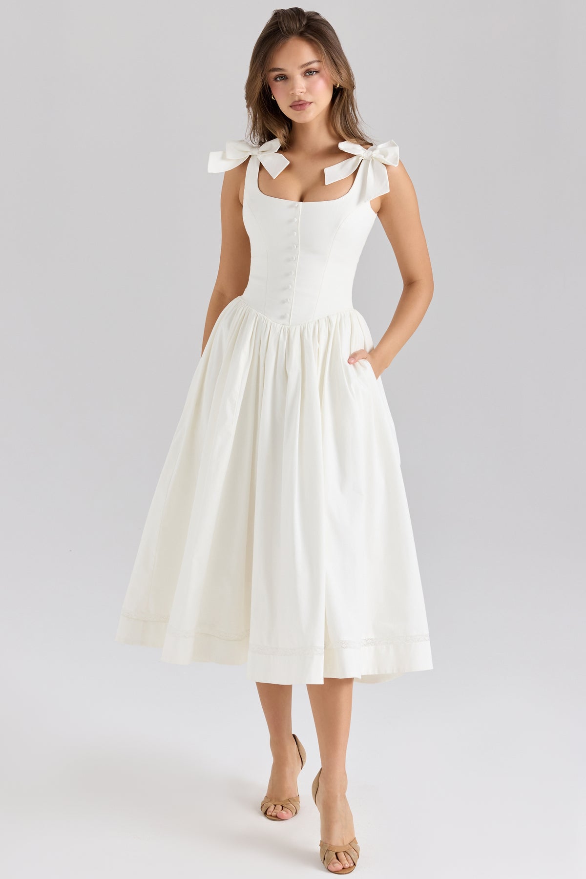 White Stretch Cotton Bow Midi Dress