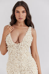 Creme Plunge Floral Appliqué Maxi Dress