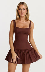 Nyx Mini Dress - Balconette Bodice Drop Waist Dress in Chocolate