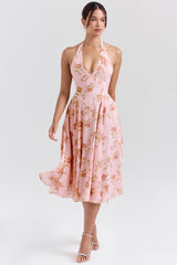 English Vintage Rose Print Georgette Halter Sundress