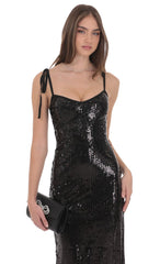 Sequin Shoulder Tie Maxi Dress in Black