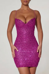 Embellished Sweetheart-Neck Mini Dress in Magenta