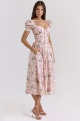 Pink Ribbon Print Cotton Midi Dress