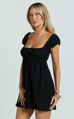 Brooks Mini Dress - Puff Sleeve Front Tie Babydoll Dress in Black