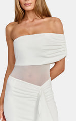 Hallie Maxi Dress - One Shoulder Flounce Dress With Leg Split And Sheer Panel in White
