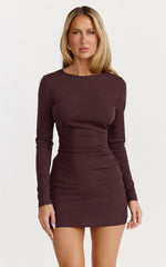 Brielle Mini Dress - Long Sleeve Ruched Bodycon Dress in Chocolate