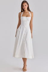 White Cotton Halter Neck Midi Dress