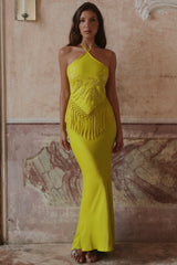 Chartreuse Satin Custom Embellished Fringed Maxi Dress - Limited Edition