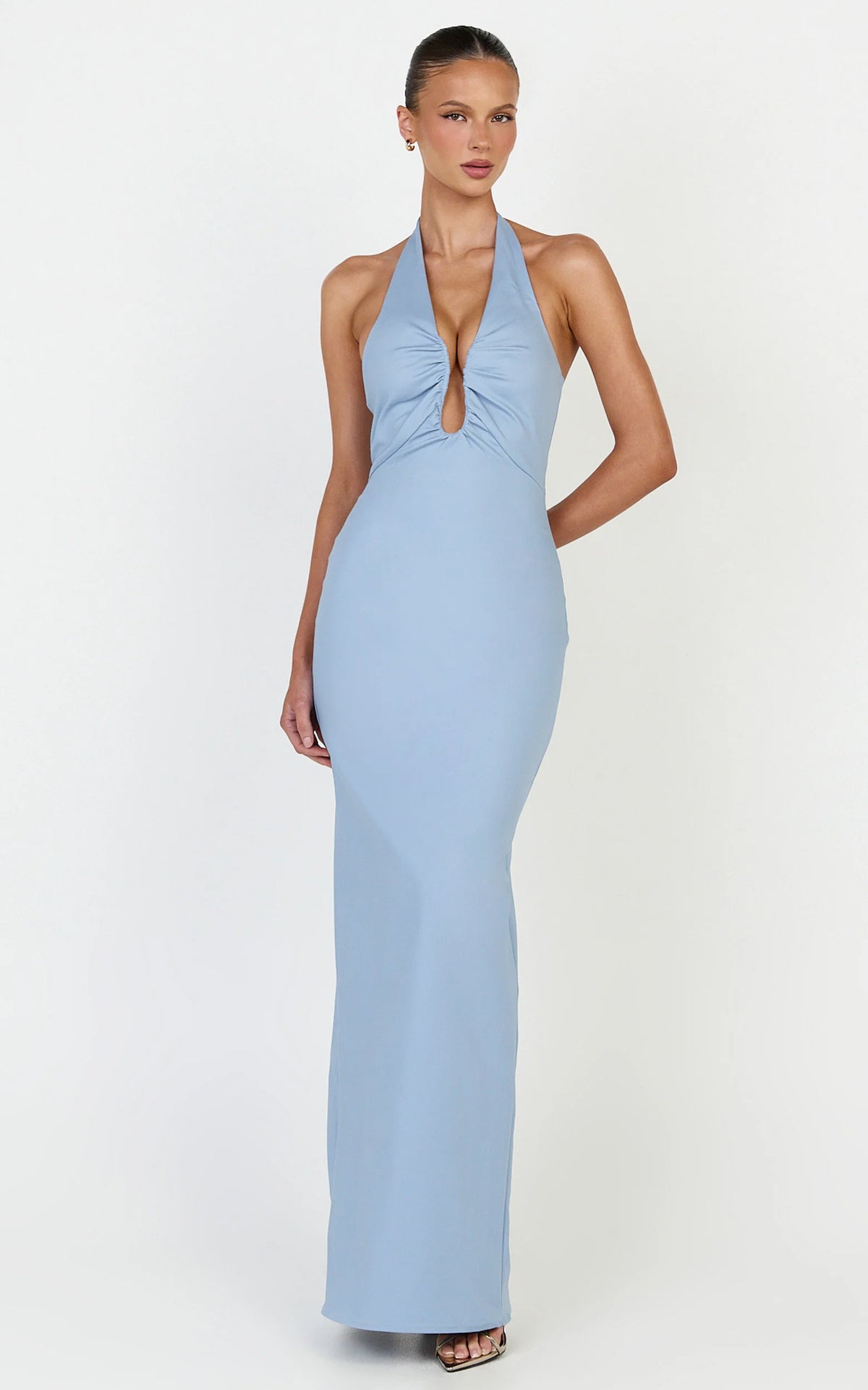 Baya Maxi Dress - Gathered Plunge Neckline Halter Dress in Pale Blue