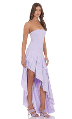 Strapless Ruffle Asymmetrical Maxi Dress in Lavender