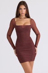Mocha Mesh Long Sleeve Mini Dress