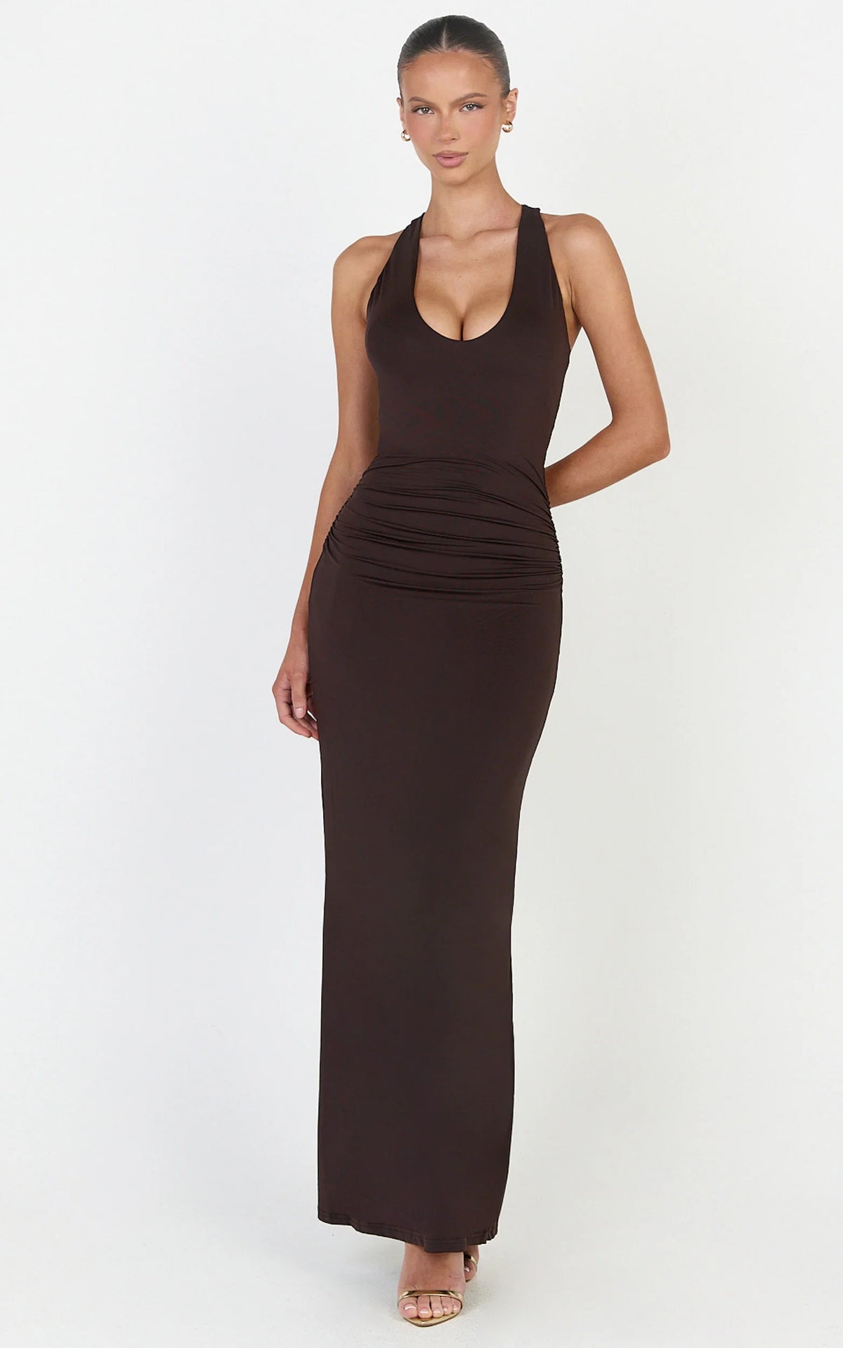 Sophie Maxi Dress - Plunge Neckline Ruched Waist Racer Back Dress in Chocolate