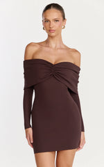 Rani Mini Dress - Off Shoulder Long Sleeve Bodycon Dress in Chocolate