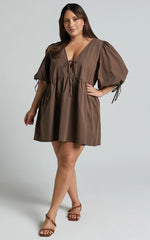 Rosita Mini Dress - Tie Front Puff Sleeve Dress in Chocolate