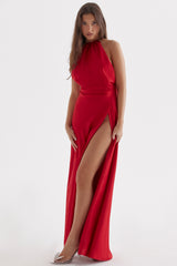 Red Rose Thigh Slit Maxi Dress