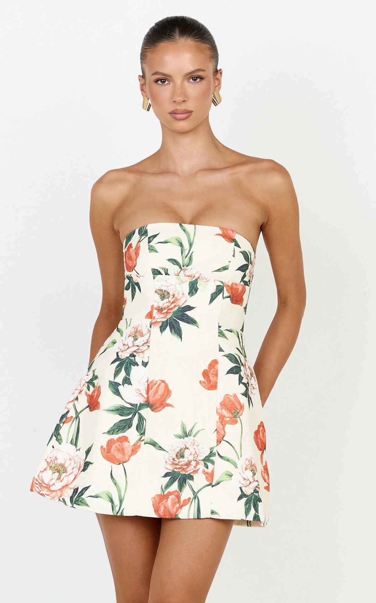 Catharine Mini Dress - Strapless A Line Dress in Rustic Floral