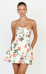 Catharine Mini Dress - Strapless A Line Dress in Rustic Floral