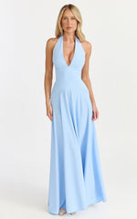 Poppy Maxi Dress - Contrast Skirt Deep Plunge Halter Dress in Blue