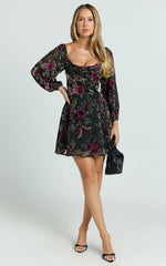Jessell Mini Dress - Long Sleeve Cowl Corset Dress in Black Floral