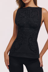 Black Cotton Placement Lace Broderie Anglaise Boat Neck Top