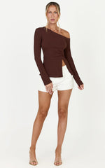 Josephine Top - Asymmetrical Neckline Long Sleeve Twist Detail Top in Chocolate