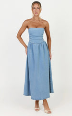 Isabella Midi Dress - Denim Strapless Ruched Dress in Mid Blue Wash