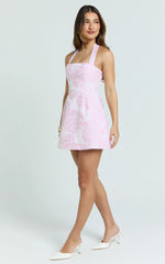 Gabbie Mini Dress - Jacquard Halter Fit And Flare Dress in Pink