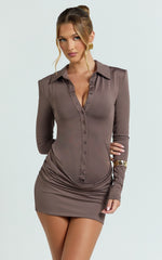 Heath Mini Dress - Concealed Placket Drape Gather Skirt Overlay Dress in Brown