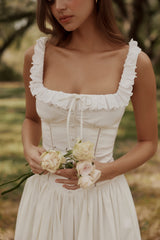 White Cotton Broderie Anglaise Trim Midi Dress