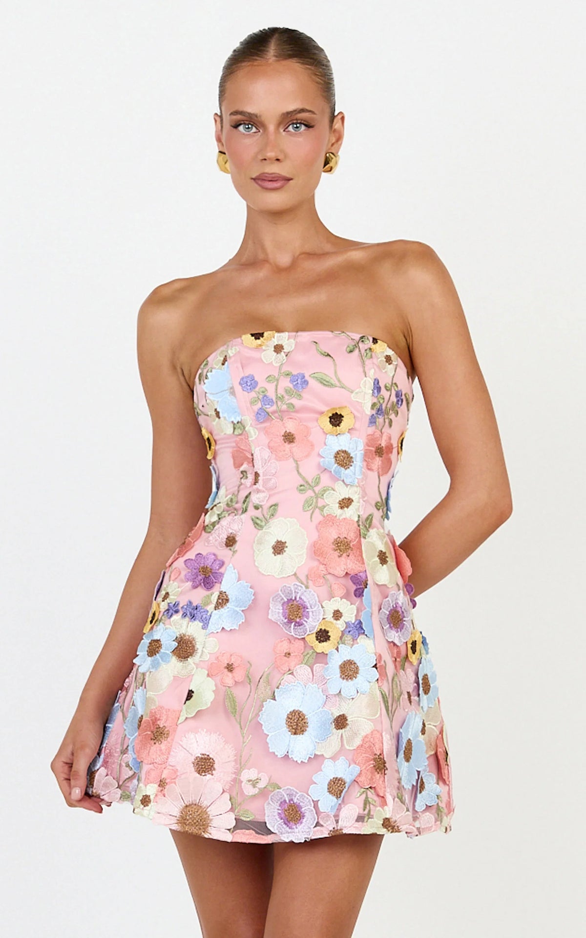 Cosima Mini Dress - Strapless 3D Floral Fit And Flare Dress in Multi