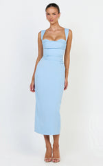 Kenna Midi Dress - Gathered Bust Tucked Waist Dress in Pale Blue