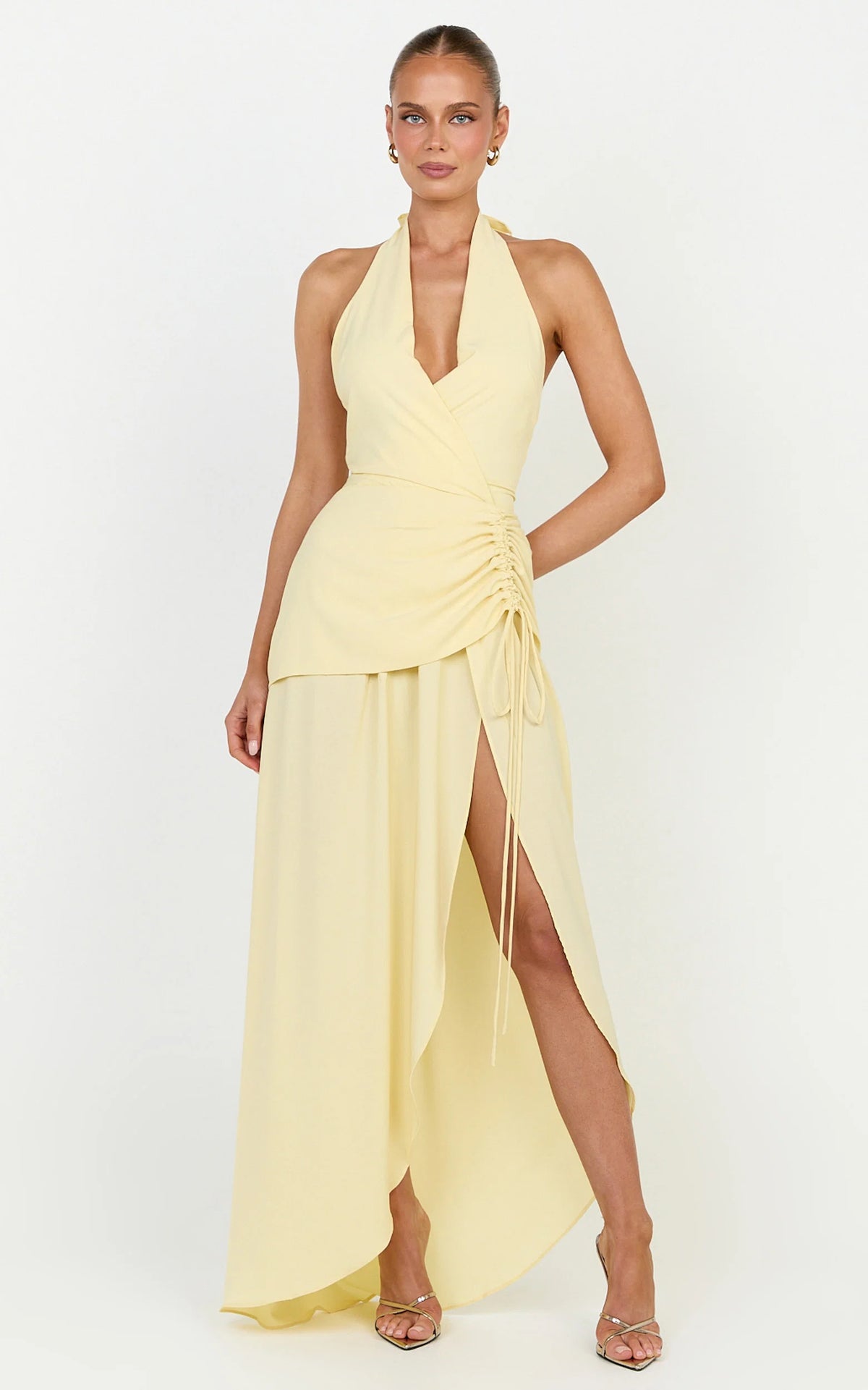 Reef Midi Dress - Plunge Halter Neck Ruched Waist Dress in Lemon