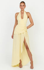 Reef Midi Dress - Plunge Halter Neck Ruched Waist Dress in Lemon