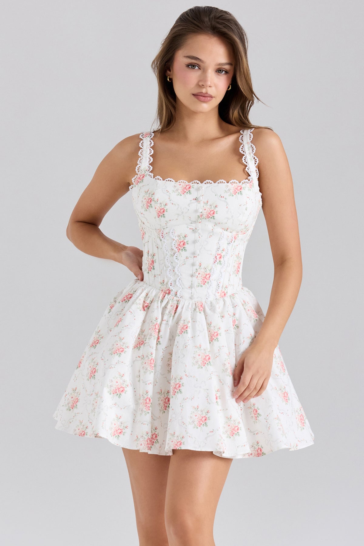 Rose Print Stretch Cotton Mini Dress