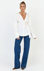Heloise Top - Wrap Front Buckle and Tie Detail LS Shirt in White
